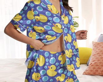 Rubber Duck Short Satin Pajamas, Yellow Rubber Duck Bride Pajamas, Rubber Ducky Short Sleeve Pajamas, Duck Lover Matching Pajamas