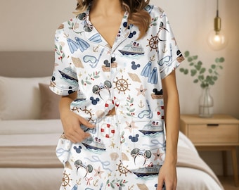 Disney Cruise Short Satin Pajamas, Disney Cruise Line Pajamas For Women, Nautical Vacation Pjs For Her, Gift For Disney Fan