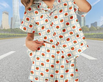 Pijama corto de satén con estampado de tomate, bonito conjunto de pijama de manga corta con estampado de frutas, pijama a juego con estampado de tomates, pijama de frutas para mujer