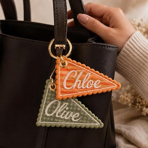 Custom Embroidered Pennant Flag Charm, Personalized Pennant Bag Tag, College Style Backpack Keychain, School Spirit Gift