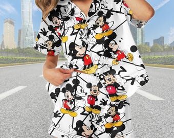 Mickey Short Satin Pajamas, Cute Disney Pajama Set For Women, Disneyland Trip Sleepwear Pajamas, Magic Kingdom Pajamas Family