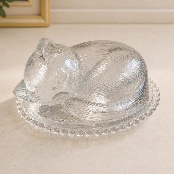 Vintage Sleeping Cat Covered Dish, Clear Pressed Glass Candy Box