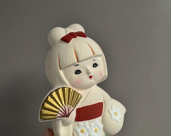 Vintage Japanese Ceramic Kimono Girl Fan Figurine Mini Hakata Style Doll
