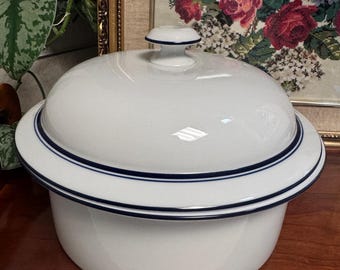 Dansk Bistro Covered Casserole Dish White Blue Rim Serving Tureen