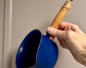 Vintage Cathrineholm Graham Kerr Enamel Saucepan Blue Wood Handle Pot