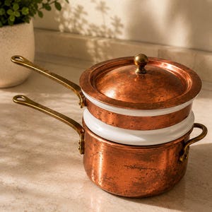 May include: A double boiler set featuring a copper exterior with a white enamel interior lining. The set includes a bottom pot with two brass handles and a top pot with a matching copper lid and a long brass handle, all showing a weathered finish.