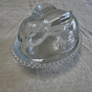 Vintage Glass Bunny Nest Dish, Clear Pressed Glass Easter Candy Bowl