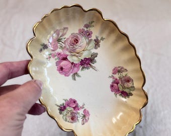 Vintage Old Foley Bone China Dish: English Roses & Gold Trim, Trinket Dish