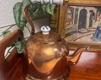 Vintage Copper Tea Kettle Delft Style Porcelain Handle Rustic Kitchen Decor