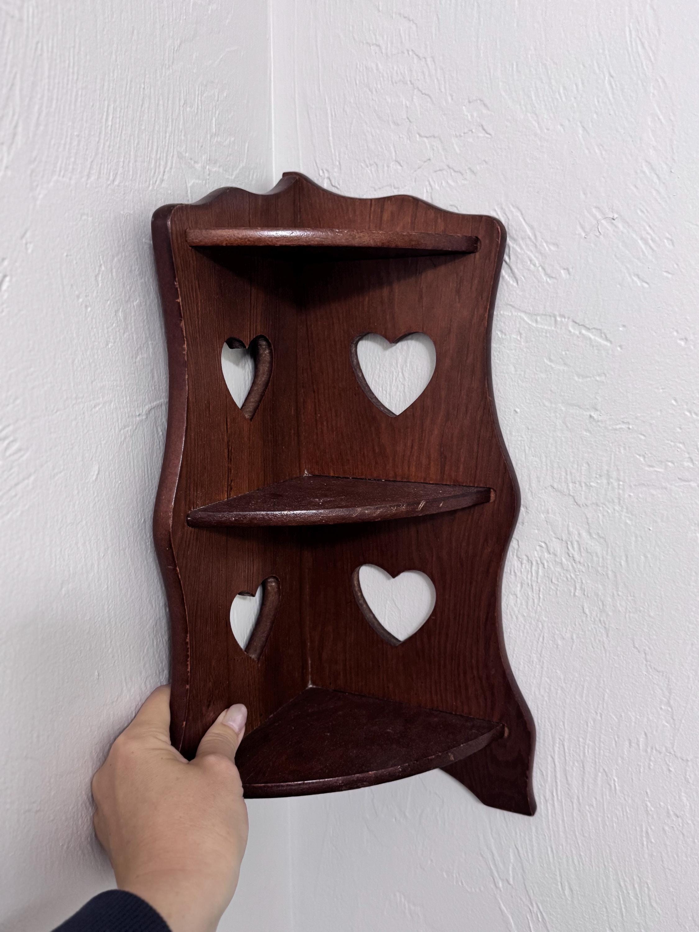 Vintage 1970s-1980s Wooden Corner Shelf with Heart Cutouts | Rustic Cottagecore Decor | Modern Farm House