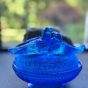 Cobalt Blue Westmoreland Glass Lovebirds Covered Dish: Mid-Century Collector