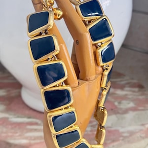 Vintage Anne Klein Bib Necklace: Navy Enamel & Gold-Tone Geometric Links