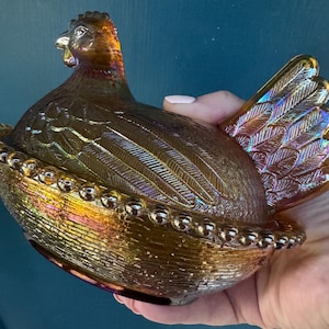 Iridescent Amber Hen on Nest: Indiana Glass Carnival Candy Dish