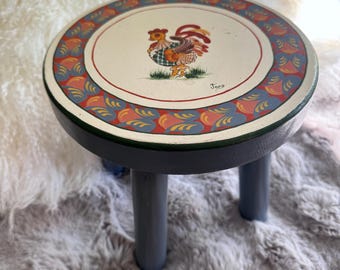 Vintage Hand Painted Wooden Stool, Rooster Folk Art Decor