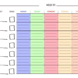 May include: A blank weekly planner with spaces for subject, grade, and days of the week. The planner is color-coded with blue, green, pink, and yellow.