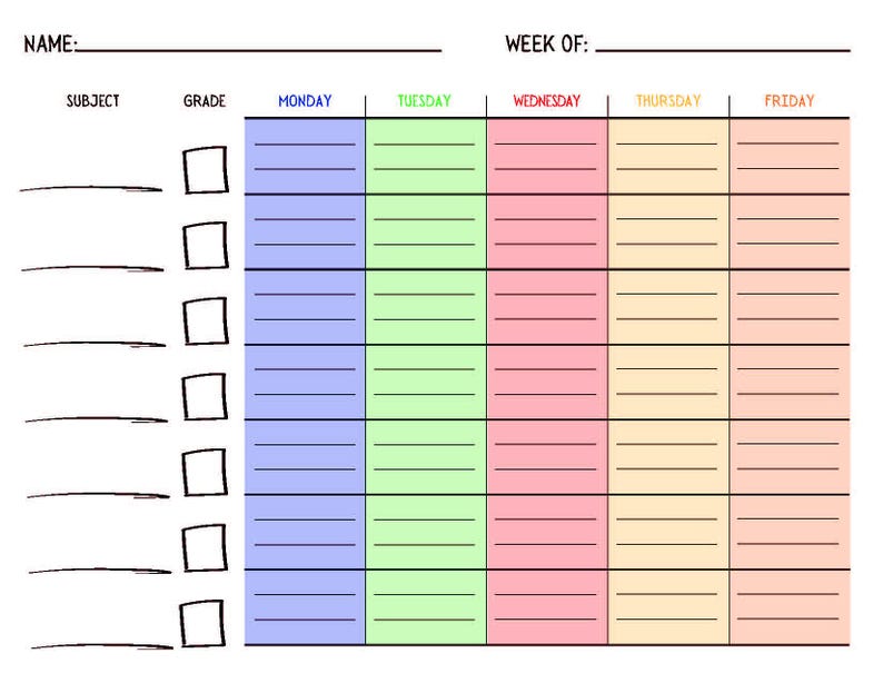 May include: A blank weekly planner with spaces for subject, grade, and days of the week. The planner is color-coded with blue, green, pink, and yellow.