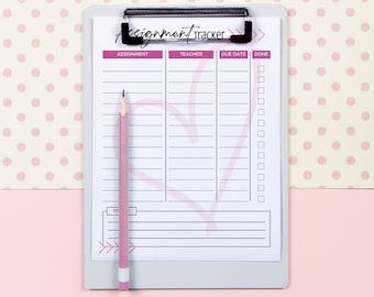 Student huiswerk en toewijzing Tracker - roze harten afdrukbare sjabloon 8.5x11 - ADHD & Executive Functioning Support