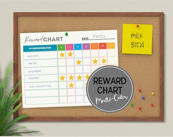 May include: A multi-color reward chart pinned to a cork board with a yellow sticky note reading milk bread. The chart features columns for days of the week, rows for responsibilities like brush teeth and make bed, and yellow star stickers.