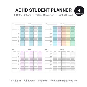 ADHD Student Planner Printable | Weekly Class Schedule & Homework Tracker, 4 Colors | Executive Function Planner for Teens | Instant PDF