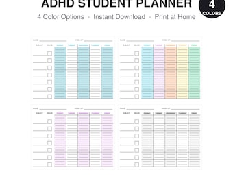 Utskrivbar ADHD-elevplanerare | Veckoschema och läxuppföljare, 4 färger | Planerare för exekutiva funktioner för tonåringar | Direkt PDF
