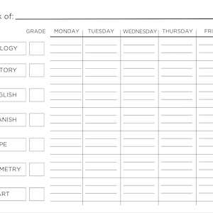 以下が含まれることがあります： 生物、歴史、英語などの科目が記載された白黒の週間プランナー。プランナーには、週の各曜日のスペースと、グレードをマークするセクションが含まれています。
