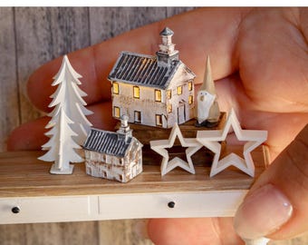 Dollhouse Christmas decoration 1:12 miniature church house 3d printed
