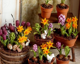 1/12 dollhouse miniature spring flowers daffodils hyacinths