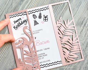 Summer tropical svg invitation template with flamingo, Cricut gatefold wedding invite, Birthday laser cut papercut cameo invites ai dxf pdf