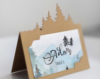 Pine Tree Forest Place Card Template SVG Rustic wedding Mountain seating card, Cricut Name Tag laser cut escort card Papercut dxf pdf cdr ai