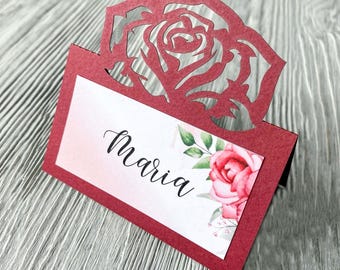 Rose flowers table place card svg template instant download, Cricut wedding escort seating name card, Laser cut papercut cameo, dxf ai cdr