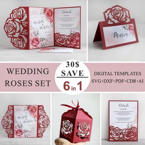 Szablony Roses Wedding SET SVG, Panel kieszonkowy, Gatefold trifold zaproszenia rsvp, Karta miejsca, Pudełko na prezent, Cricut laser cut, dxf pdf ai