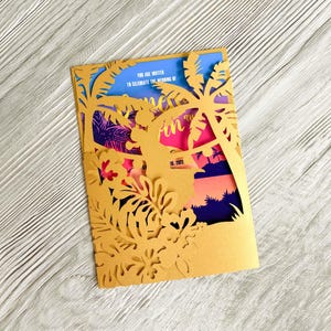 Palm Tree Tropical Wedding Invitation Template SVG Cricut Couple in love Summer sunset beach gatefold invite laser cut, (dxf ai pdf cdr svg)