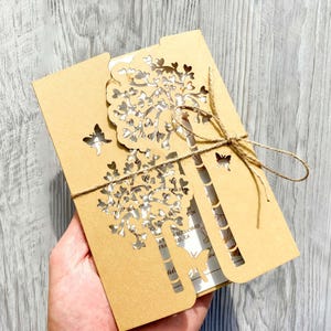 Cricut tree invitation svg template with butterflies and rsvp, Rustic gatefold wedding invite papercut envelope, Laser cut cameo, dxf pdf ai
