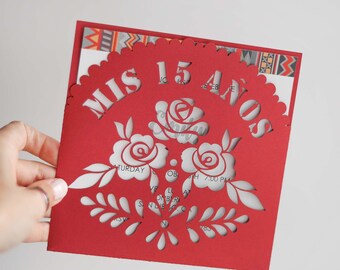 Mis 15 años roses floral invitation 6x6 cricut template, Svg quinceañera laser cut envelope, Custom 15th birthday party papel picado fiesta