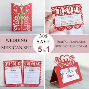 SVG Mexican Wedding bundle templates, SET Papel picado invitation gatefold rsvp Cricut, Place card table, Fiesta menus laser cut, dxf pdf ai