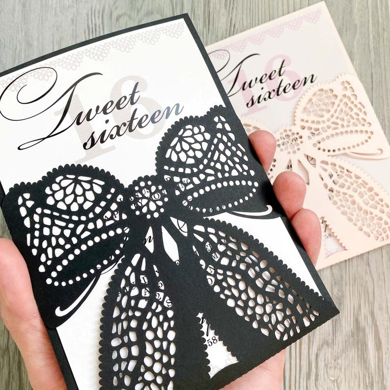 Plantilla svg de invitación y moño de boda con encaje rústico, sobre de ...