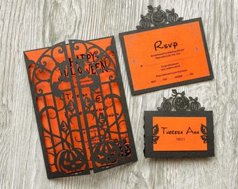 Halloween Iron gates svg, Gothic wedding invitation cricut template set with bat and pumpkin, Place card rsvp paper laser cut envelope Cameo