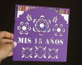 Floral Mis 15 años laser cut invitation envelope template, Svg 6x6 quinceañera cricut invite, 15th birthday party, Custom papel picado dxf