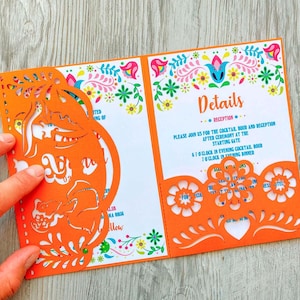 Mexicaanse bruiloft uitnodiging senor en senorita svg sjabloon plaats kaartenset, Cricut trifold 5 x 7 fiesta papel picado lasergesneden papercut uitnodigen