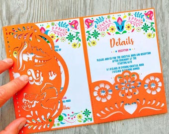 Plantilla de tarjeta de lugar para invitación de boda mexicana, señor y señorita, svg, Cricut, tríptico, 5 x 7, fiesta, papel picado, corte láser, invitación en papel