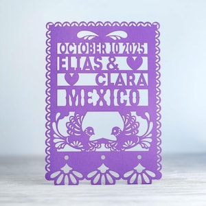Cricut custom mexican fiesta invitation svg digital template with birds and hearts, 5x7 Laser cut papel picado wedding decor papercut cameo