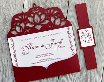 Lotus flower ornamental svg pocket invitation envelope template cricut 5x7 bellyband, Papercut wedding invite, Lasercut cameo digital vector