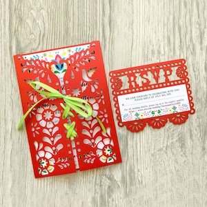 Modelo de convite de casamento mexicano em papel picado svg gatefold 5x7 com cartão rsvp, convite com monograma para festa Cricut, camafeu de papel cortado a laser