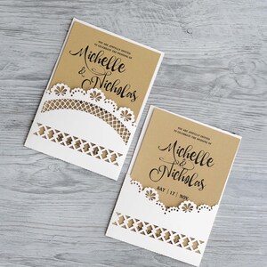 Deux modèles de faire-part de mariage svg rustiques, dentelle Cricut, invitation champêtre, découpe laser poche, camée Papercut, svg cdr dxf ai pdf