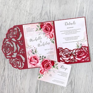 Cricut rose Blumen svg Vorlage für Hochzeitseinladung, 5x7 faltbare quinceanera sweet 16 Einladungstasche Laserschnitt Papierschnitt Cameo dxf pdf