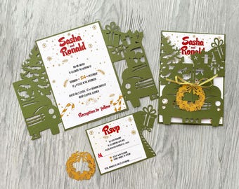 Christmas Car Children&#39;s invitation template svg with rsvp Mistletoe gifts, Cricut New Year Christmas Tree gatefold Winter Invite Laser cut