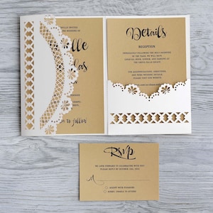 Modèle d'invitation de mariage en dentelle rustique Cricut svg, enveloppe d'invitation 3 volets 5 x 7 pochettes, camée silhouette découpée au laser, dxf ai pdf