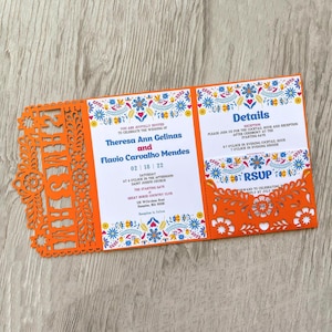 Mexikanische 5x7 Einladung, dreifach gefaltete svg Vorlage & Tischkarten-Set, Cricut Fiesta Hochzeitseinladung, Laser geschnittenes papel picado Monogramm Papierschnitt