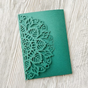 Laser cut svg ornamental template of tri-fold wedding invitation, 5x7 cricut pocket-fold envelope papercut silhouette cameo (cdr ai dxf pdf)