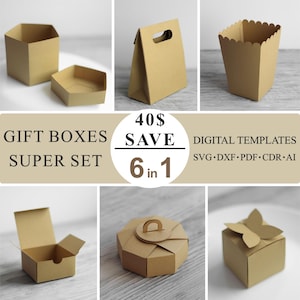 May include: A collection of six different brown paper gift boxes in various shapes, including hexagonal, rectangular, and a bag style. The image includes text that reads "GIFT BOXES SUPER SET 6 in 1". Digital templates are also mentioned.